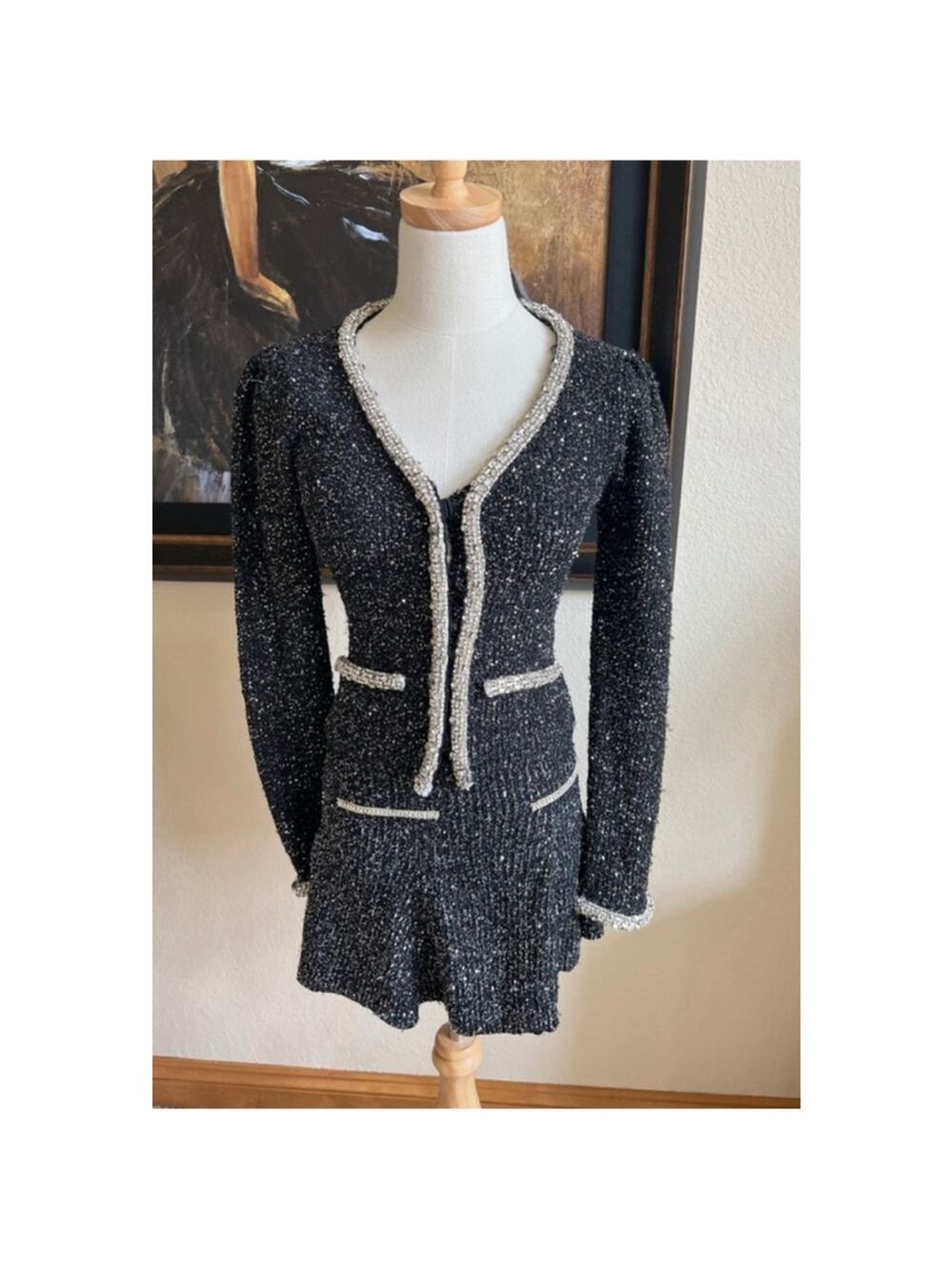 New Women's RETROFÊTE 2025 Sample Black Silver Sequin Blazer S